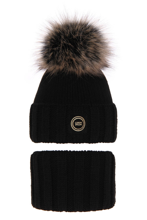 Ensemble d'hiver fille: bonnet et snood, noir, avec pompon, Hendi