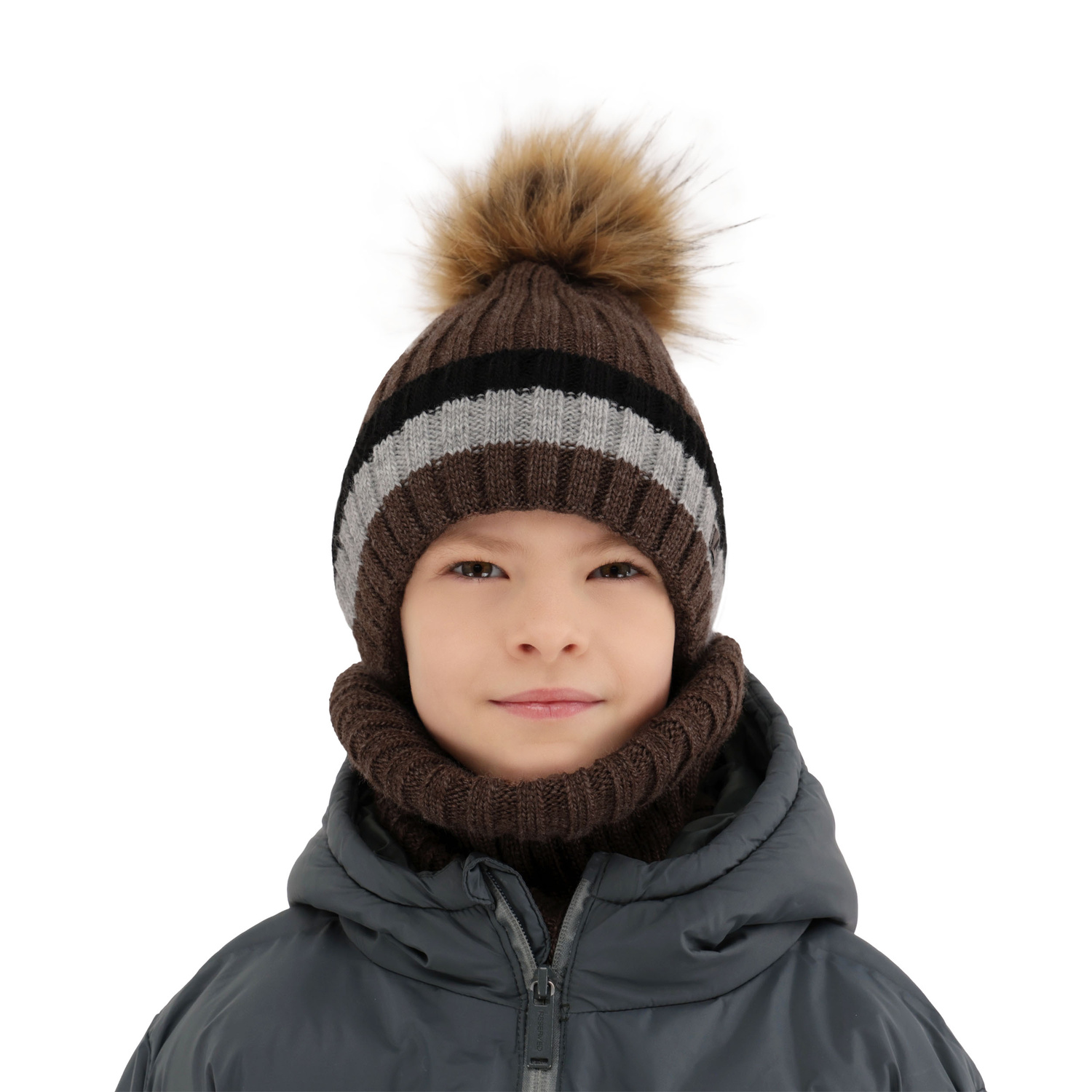 Ensemble d'hiver garçon: bonnet et snood, brun, avec pompon, doublé de polaire, Beno