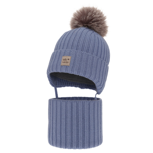Ensemble d'hiver garçon: bonnet et snood, bleu, avec laine mérinos, doublé de laine polaire, avec liens, Morti