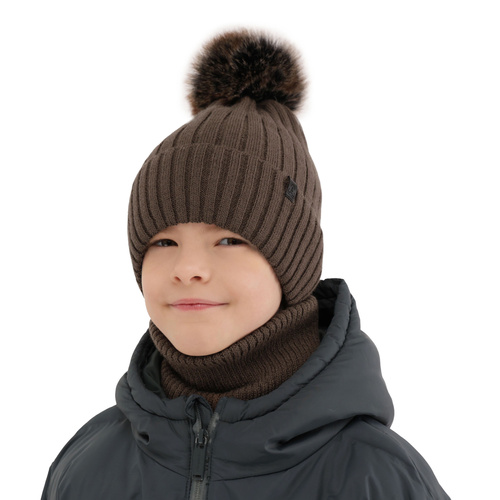 Ensemble d'hiver garçon: bonnet et snood, brun, avec pompon, Relax