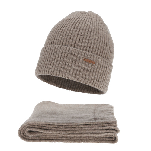 Ensemble d'hiver femme: bonnet et écharpe, beige foncé, avec laine mérinos, Seala