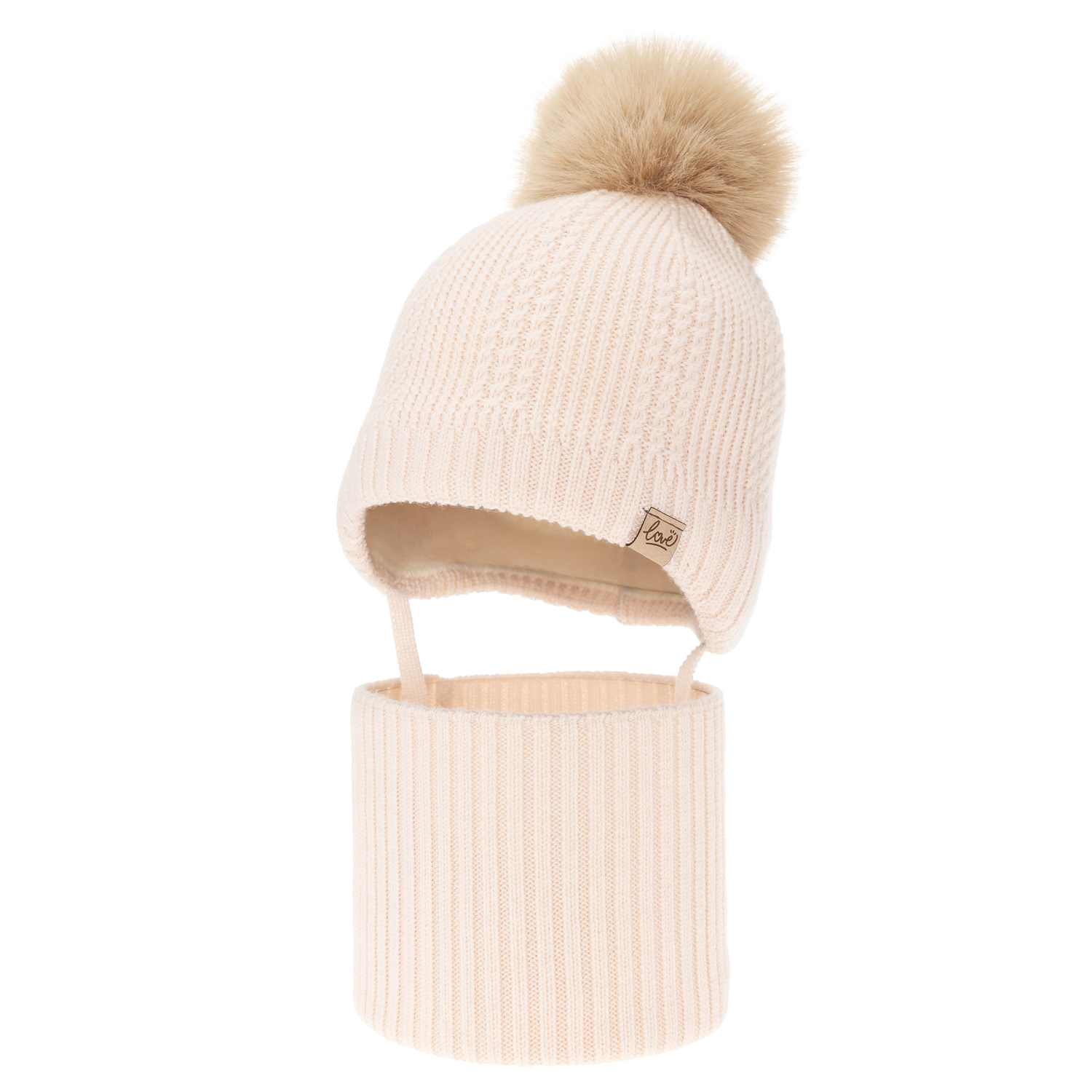 Ensemble d'hiver fille (bonnet et snood), rose clair, 100% Laine Mérinos, doublé de polaire de laine, avec liens Danielle