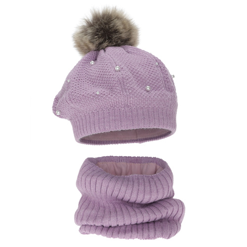 Ensemble d'hiver fille: béret et snood, fioletowy, doublé de polaire, avec pompon, Jeanette