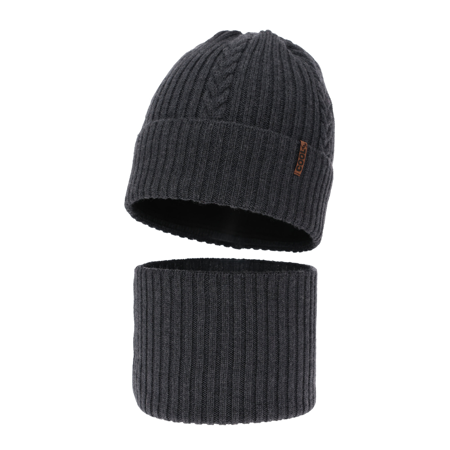 Ensemble d'hiver garçon: bonnet et snood, gris foncé, avec laine mérinos, Wilson