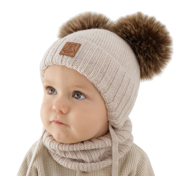 Ensemble bonnet et tour de cou garçon, hiver, beige clair, 100% laine mérinos, doublé polaire laine, Ronik