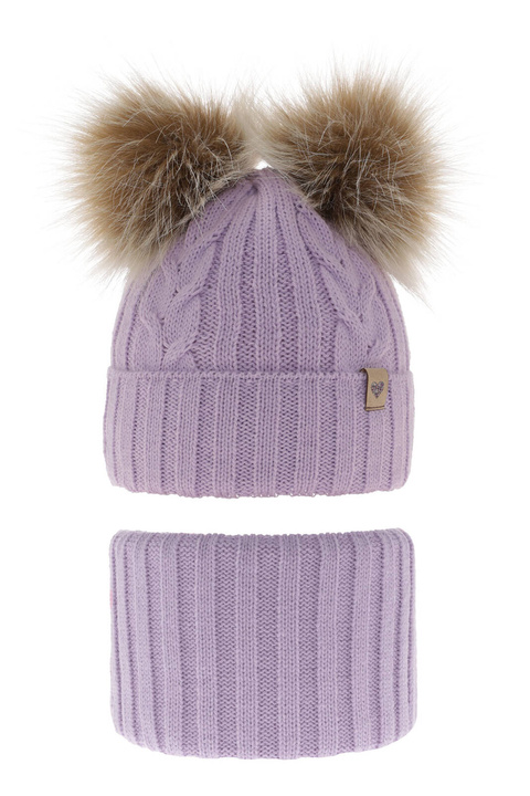 Ensemble d'hiver fille: bonnet et snood, violet, avec deux pompons, Amala