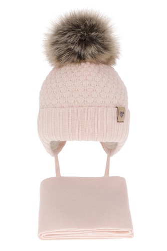 Ensemble d'hiver fille: bonnet et écharpe, rose clair, avec pompon, Bianca
