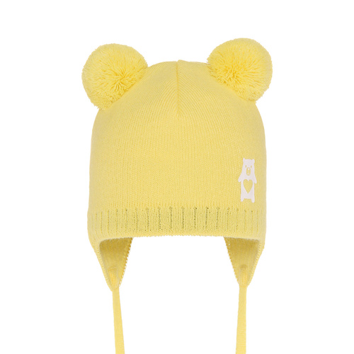 Bonnet automne/printemps garçon, jaune, avec deux pompons, avec liens, Barney