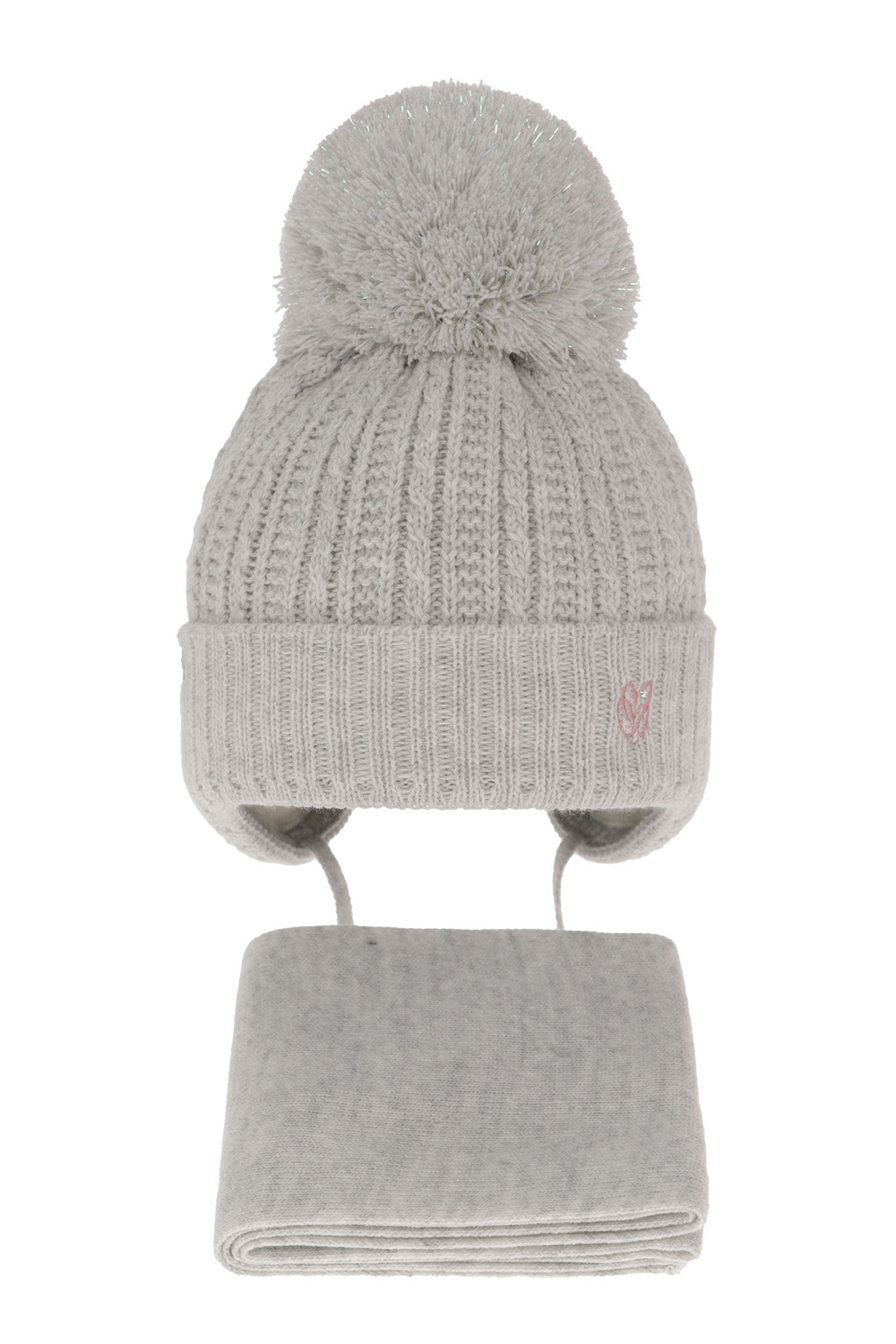 Ensemble d'hiver fille: bonnet et écharpe, gris, avec liens, avec pompon, Marisa