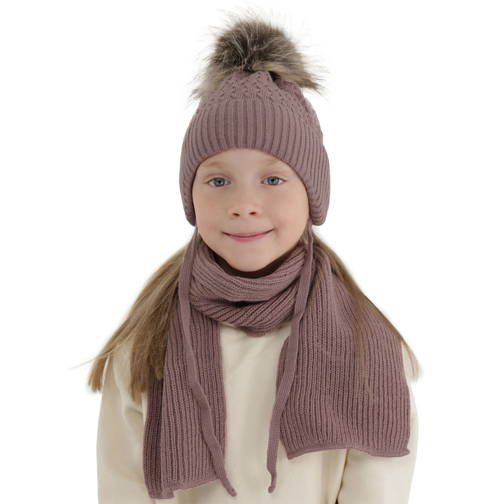 Ensemble d'hiver fille: bonnet et écharpe, violet, avec pompon, avec liens, Zelta