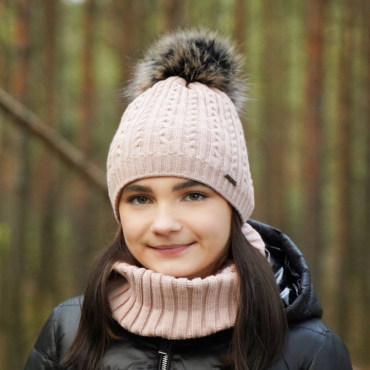 Ensemble d'hiver fille: bonnet et snood, rose, avec pompon, Rima