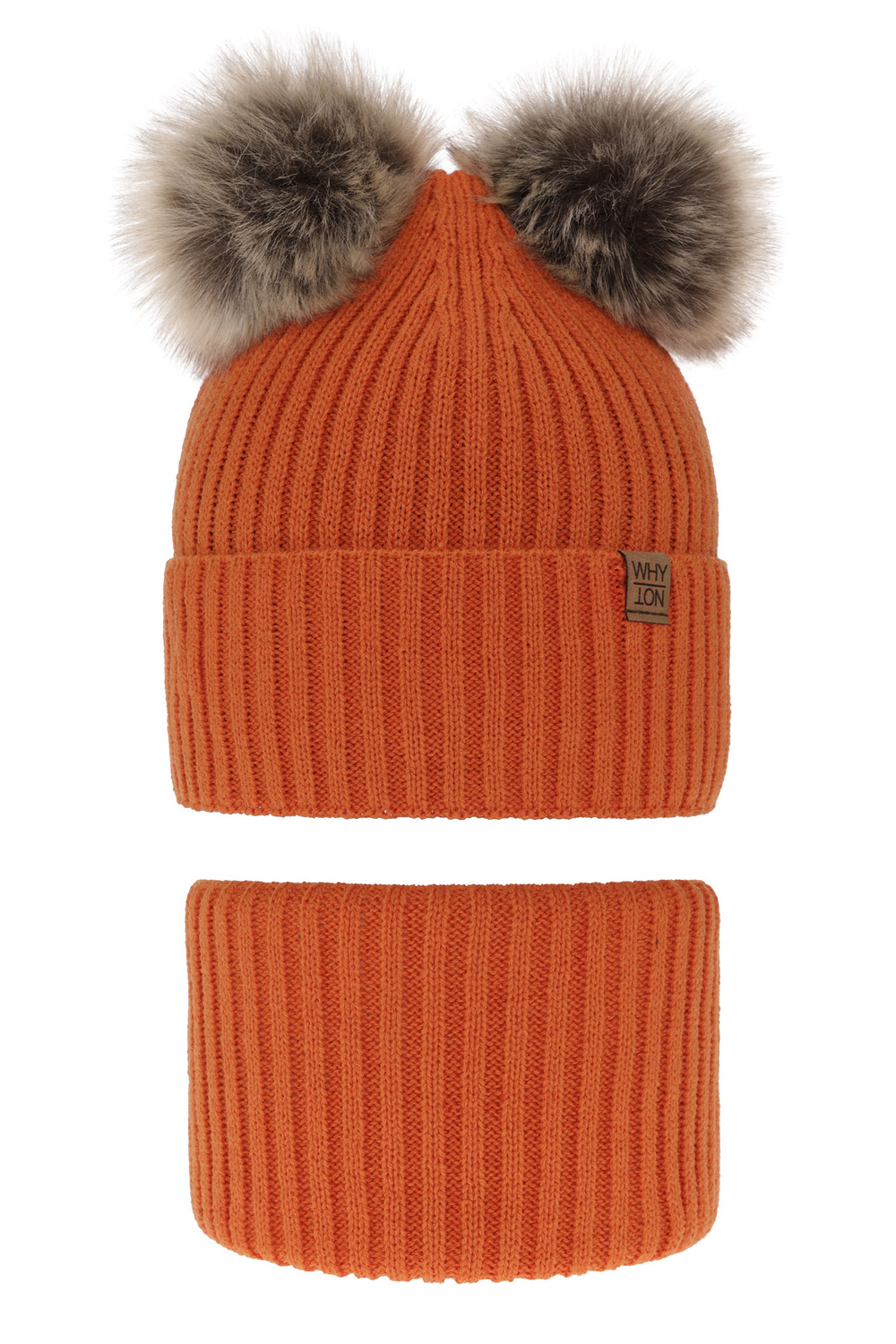 Ensemble d'hiver garçon: bonnet et snood, orange, avec deux pompons, Oxford