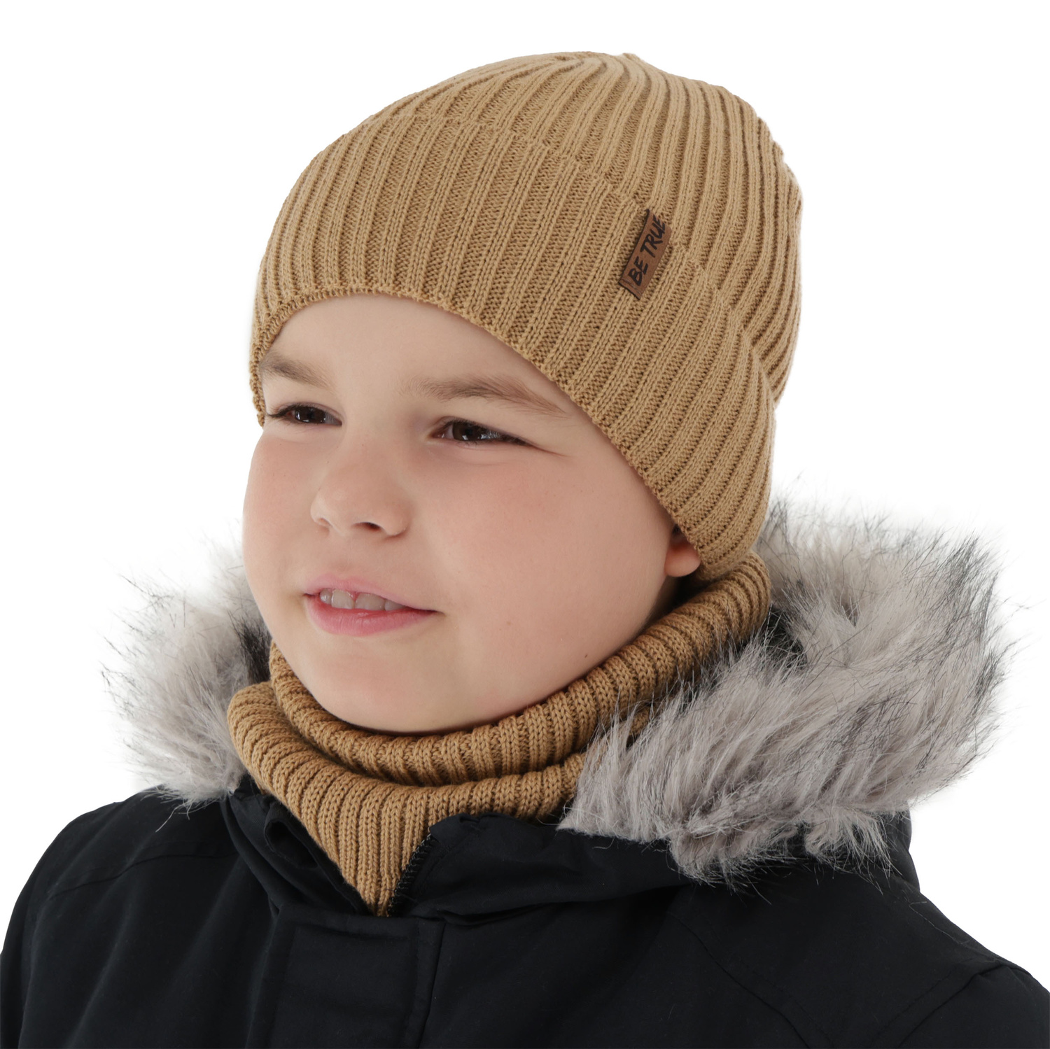 Bonnet et snood doublé de polaire garçon, d'hiver, camel, avec laine mérinos, Colton