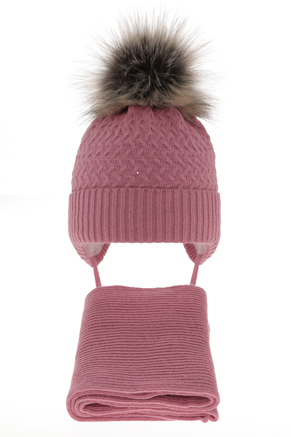 Ensemble d'hiver fille: bonnet et écharpe, rose, avec pompon, Zelta