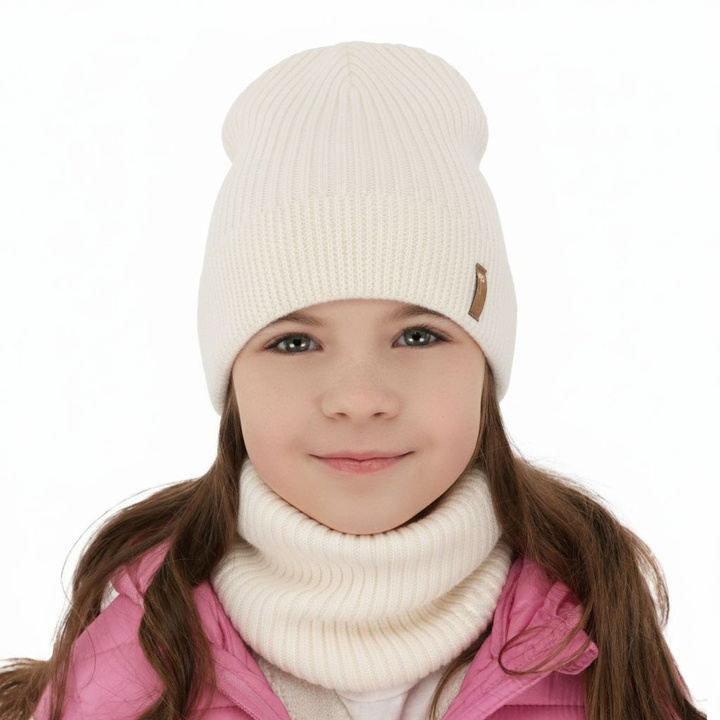 Ensemble automne/printemps fille: bonnet et snood, crème, avec laine mérinos, Chelsie