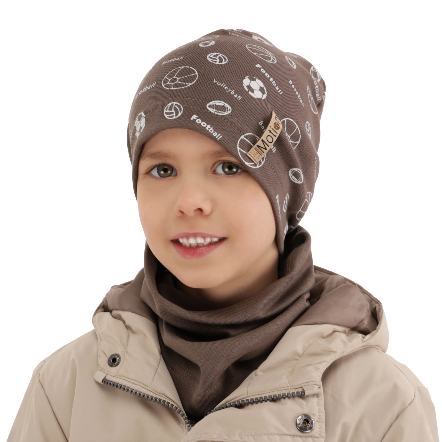 Ensemble automne/printemps garçon: bonnet et snood, bleu, en coton, Paolo