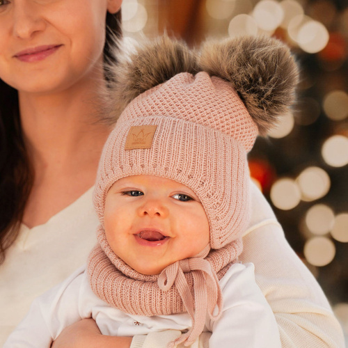Ensemble d'hiver fille: bonnet et snood, blanc, avec deux pompons, Minsi