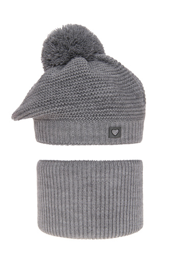 Ensemble d'hiver fille: béret et snood, gris, avec pompon, Lira