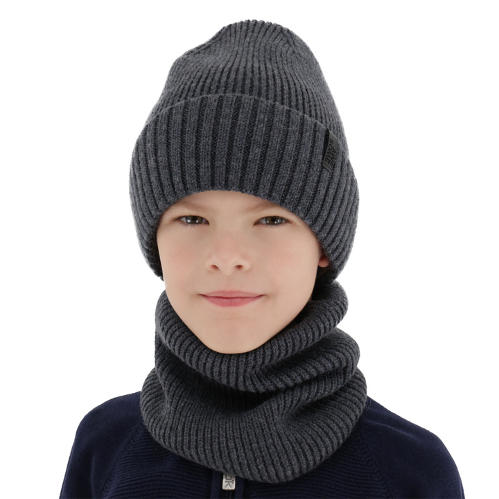 Bonnet et snood pour garçon, ensemble d'hiver, 100% Laine Mérinos, avec doublure en laine mérinos, gris Harbin