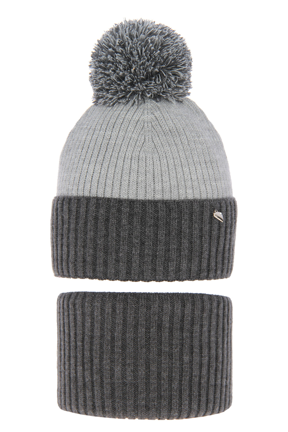 Ensemble d'hiver fille: bonnet et snood, gris, avec pompon, Kolumbina