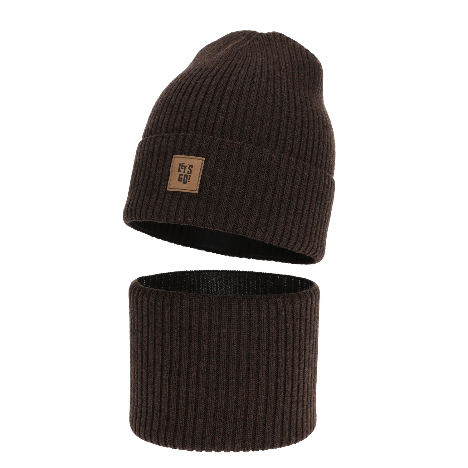 Ensemble automne/printemps garçon: bonnet et snood, brun, avec laine mérinos, Vanto