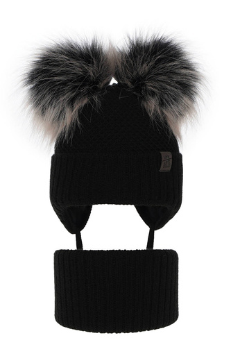 Ensemble d'hiver garçon: bonnet et snood, noir, avec deux pompons, avec liens, Randel