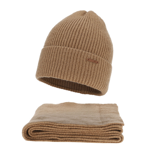 Ensemble d'hiver femme: bonnet et écharpe, camel, avec laine mérinos, Seala