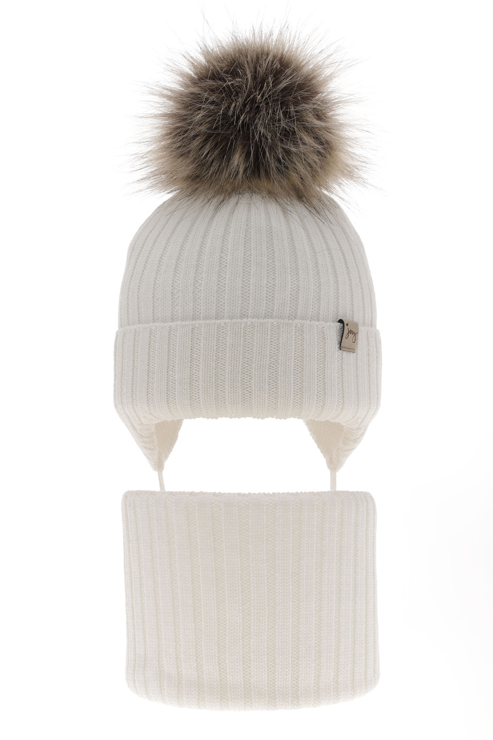 Ensemble d'hiver fille: bonnet et snood, blanc, avec laine mérinos, avec liens, Junika