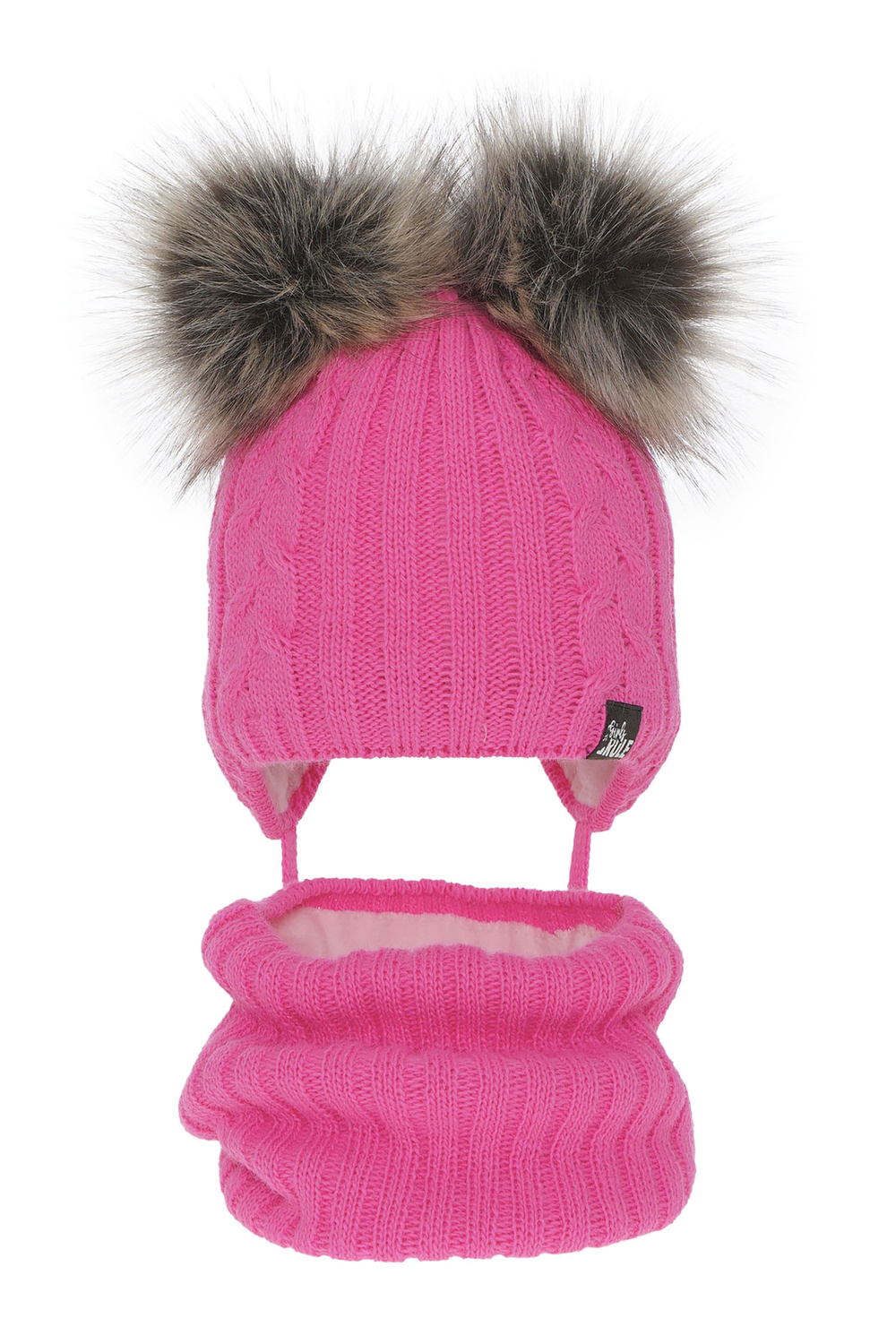 Ensemble d'hiver fille: bonnet et snood, rose, avec deux pompons, avec liens, Marlen