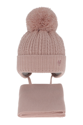Ensemble d'hiver fille: bonnet et écharpe, rose, avec pompon, Marisa