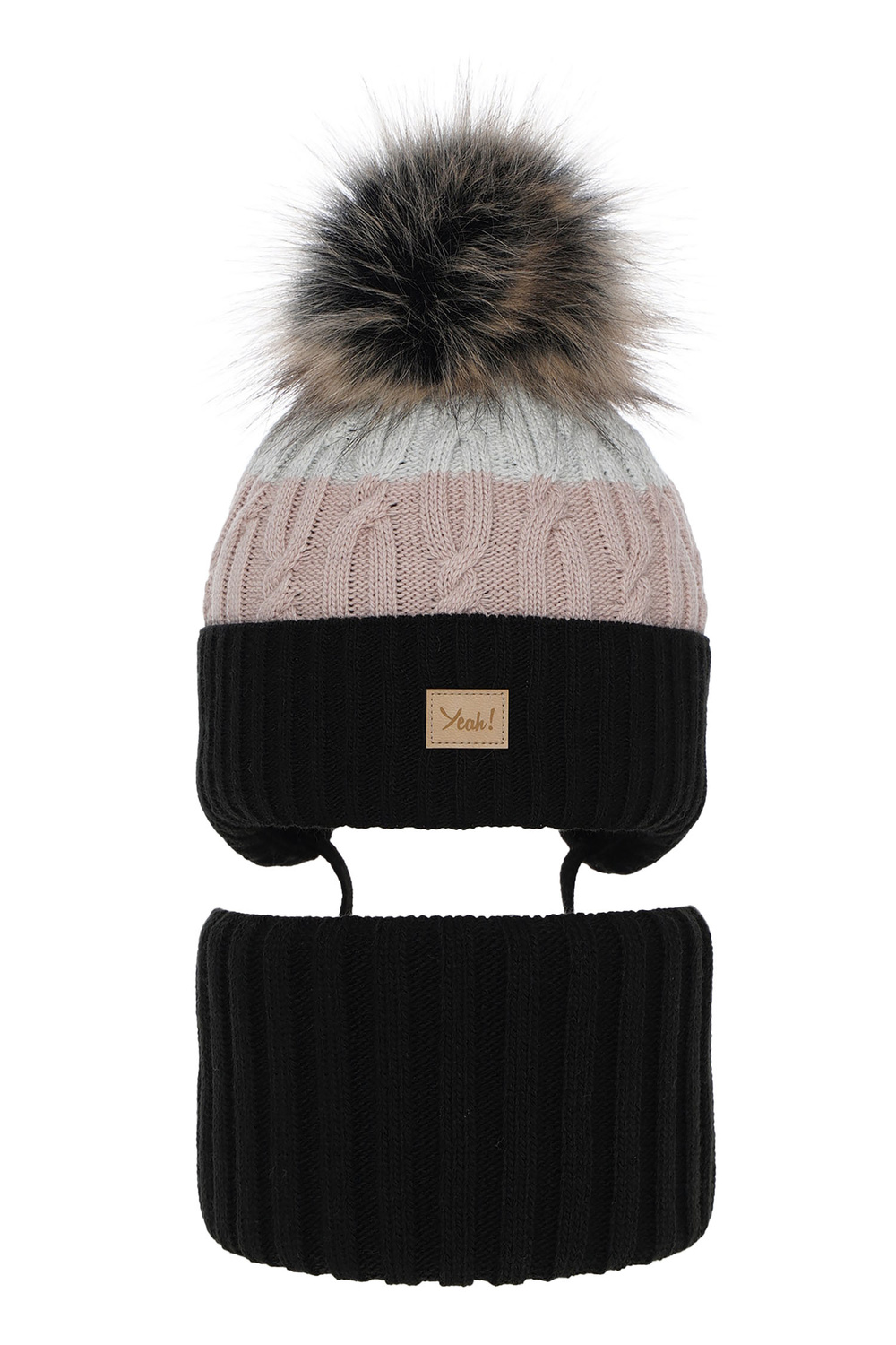 Ensemble d'hiver fille: bonnet et snood, noir, avec pompon, Riviera