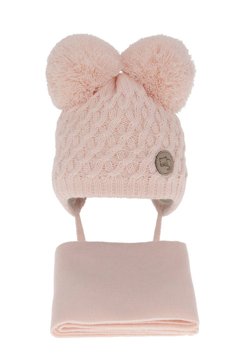 Ensemble d'hiver fille: bonnet et écharpe, rose clair, avec deux pompons, avec liens, Anava