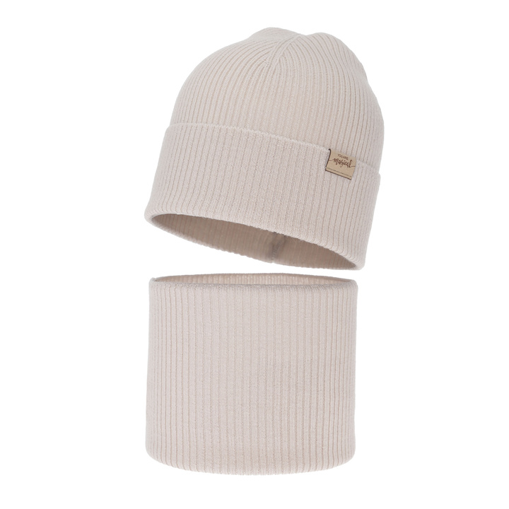 Ensemble automne/printemps fille: bonnet et snood, beige, 100% laine mérinos, Magenta