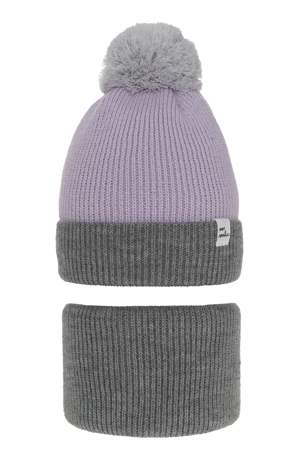 Ensemble d'hiver fille: bonnet et snood, gris, avec pompon, Rosalin