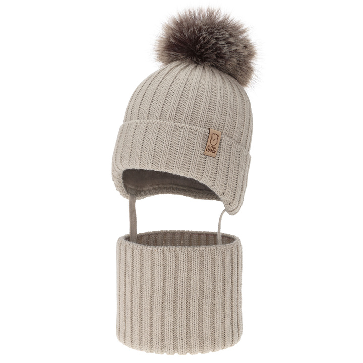 Ensemble d'hiver fille: bonnet et snood, beige, avec pompon, Abigail
