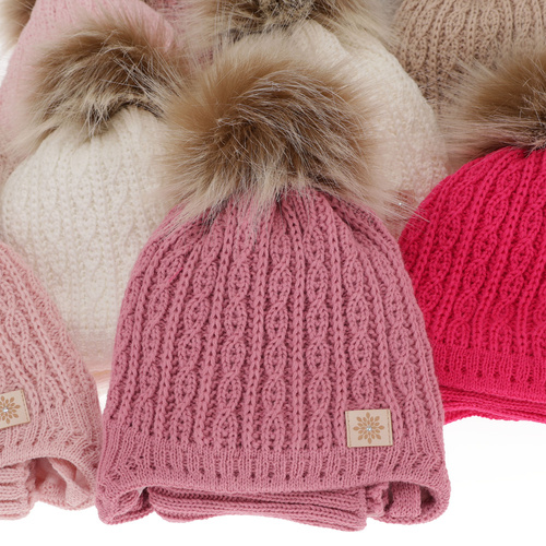 Ensemble d'hiver fille: bonnet et snood, rose clair, avec pompon, avec liens, Passa
