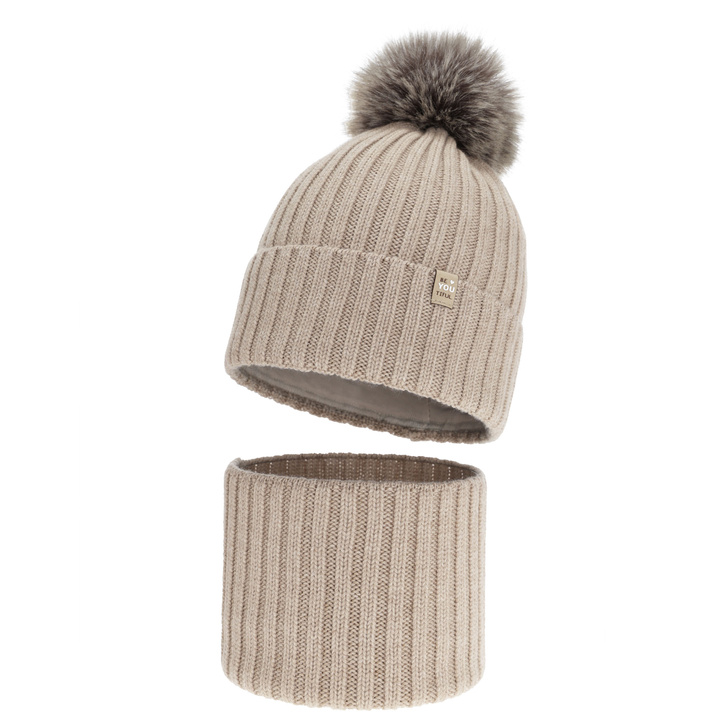Ensemble d'hiver fille: bonnet et snood, beige, 100% Laine Mérinos, doublé de coton, avec pompon, Terida