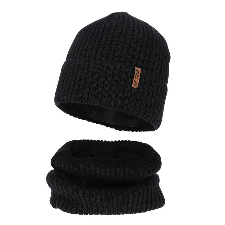 Ensemble d'hiver garçon (bonnet et snood), noir, avec laine mérinos, Colton