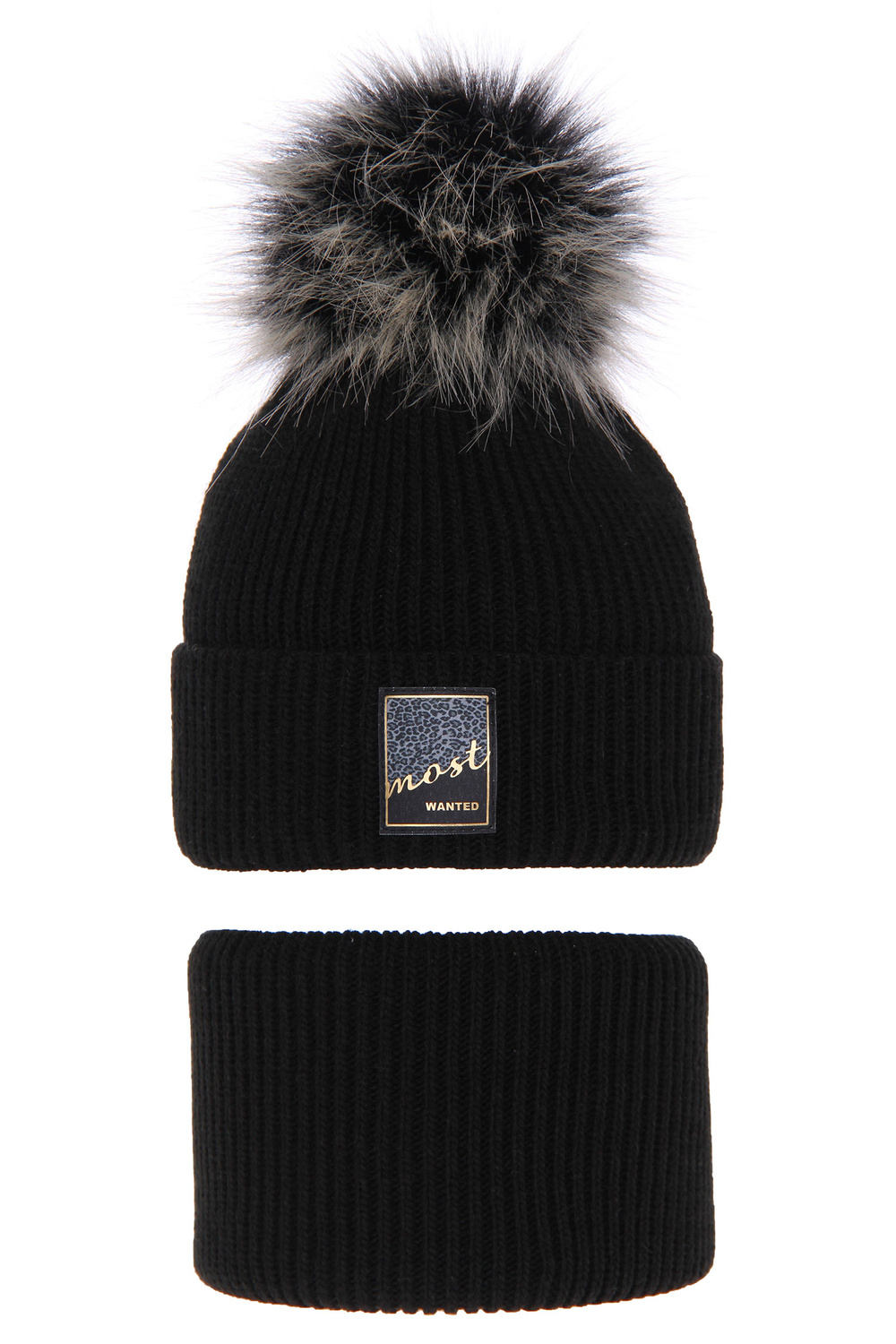 Ensemble d'hiver fille: bonnet et snood, noir, avec pompon, Sycylia