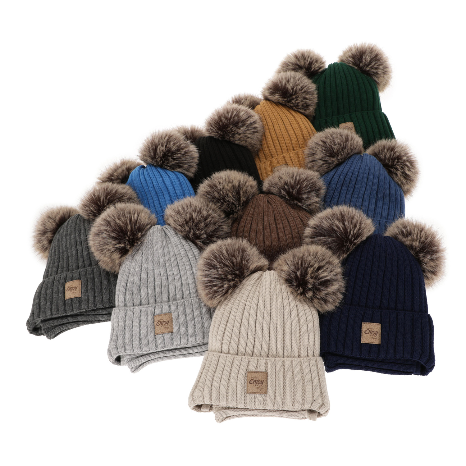 Ensemble d'hiver garçon: bonnet et snood, brun, avec deux pompons, avec liens, Orange