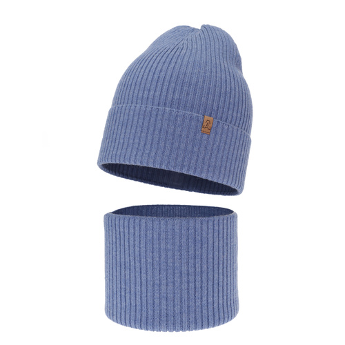 Ensemble automne/printemps garçon: bonnet et snood, bleu, 100% laine mérinos, Lemas