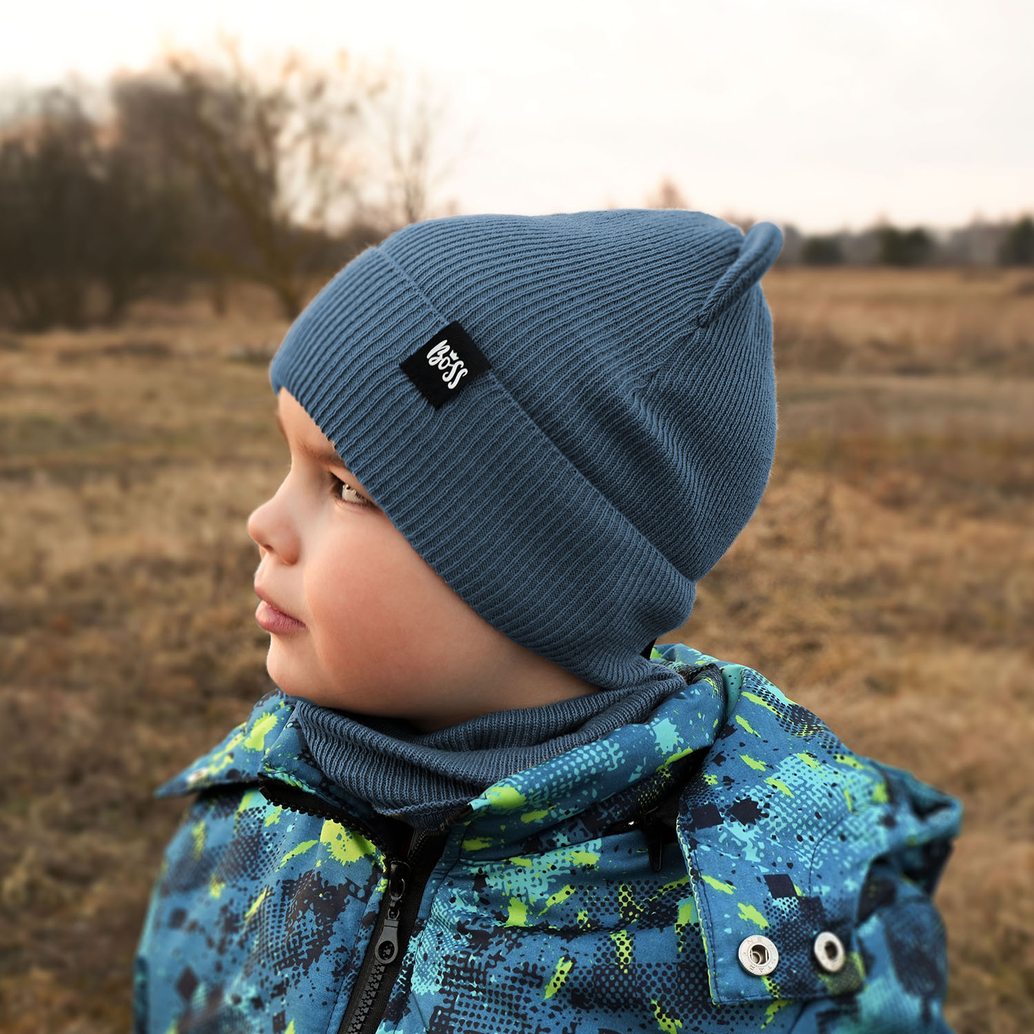 Ensemble automne/printemps garçon: bonnet et snood, avec coton, bleu marine, Grajan