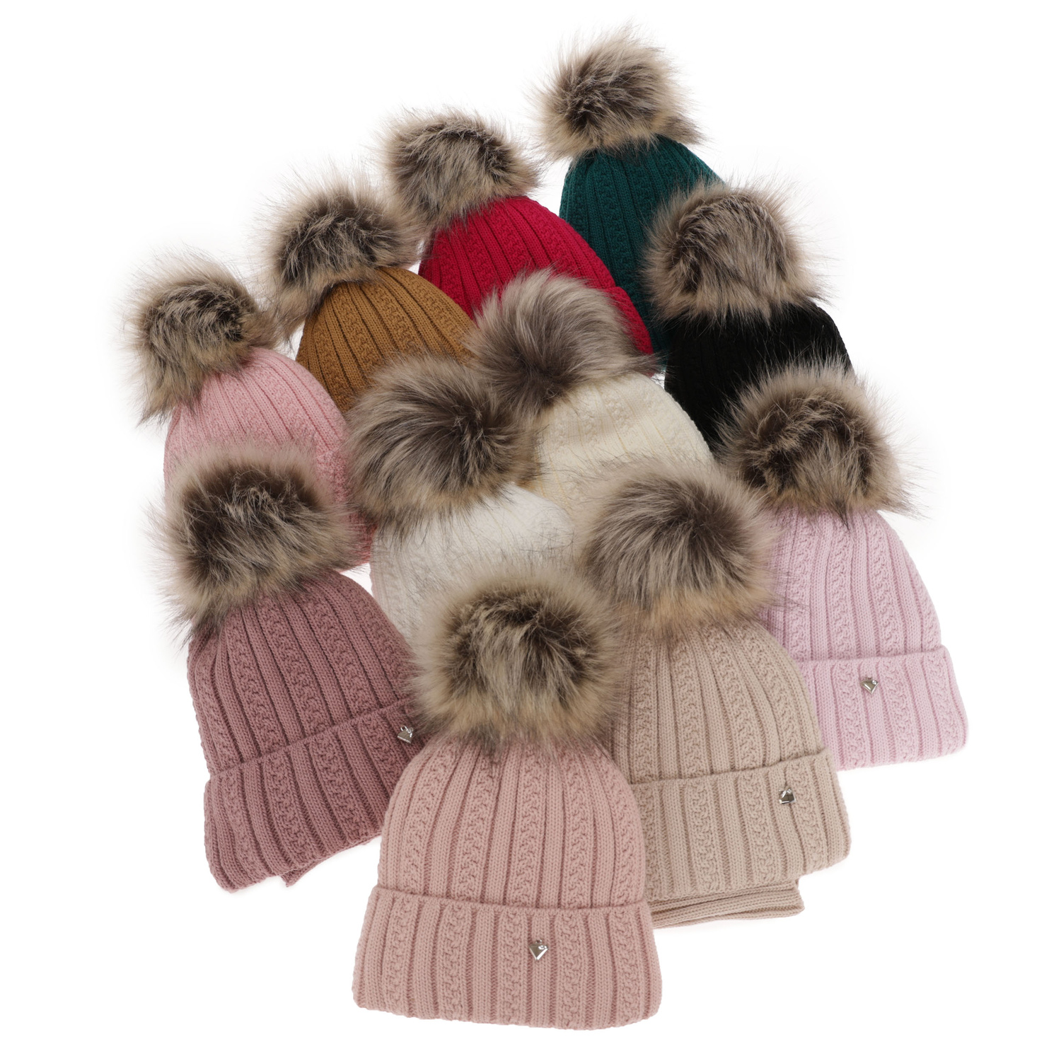Ensemble d'hiver fille: bonnet et snood, beige, avec pompon, Wirginia