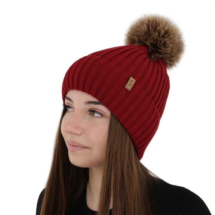 Bonnet d'hiver femme, bordeau, avec laine mérinos, Zamira