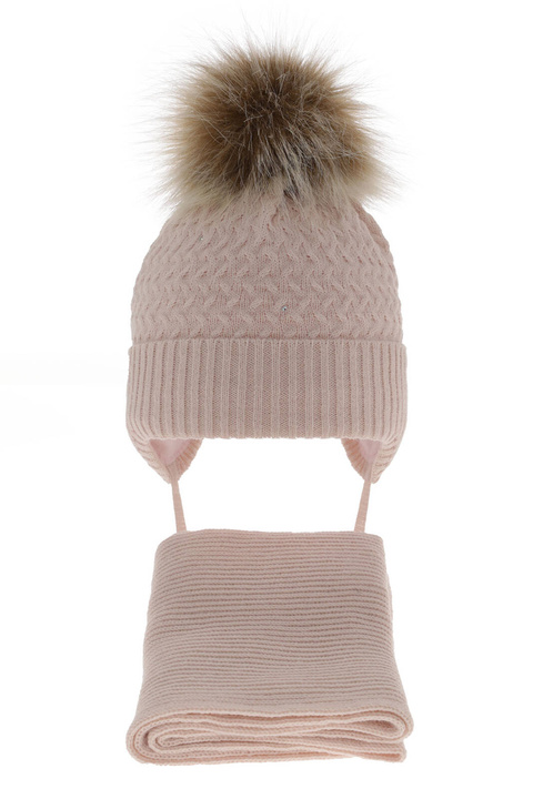 Ensemble d'hiver fille: bonnet et écharpe, rose clair, avec pompon, avec liens, Zelta