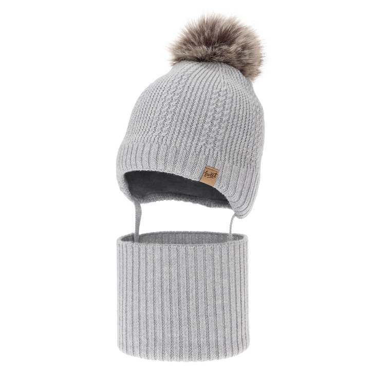 Ensemble bonnet et tour de cou garçon, hiver, gris, 100% laine mérinos, doublé polaire laine, à nouer Danny