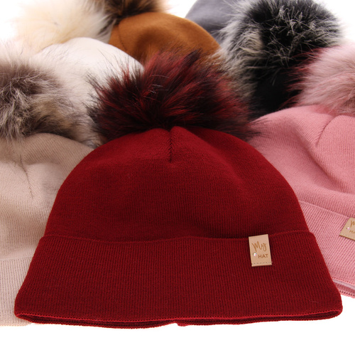 Bonnet d'hiver femme, rose, avec pompon, Kalia
