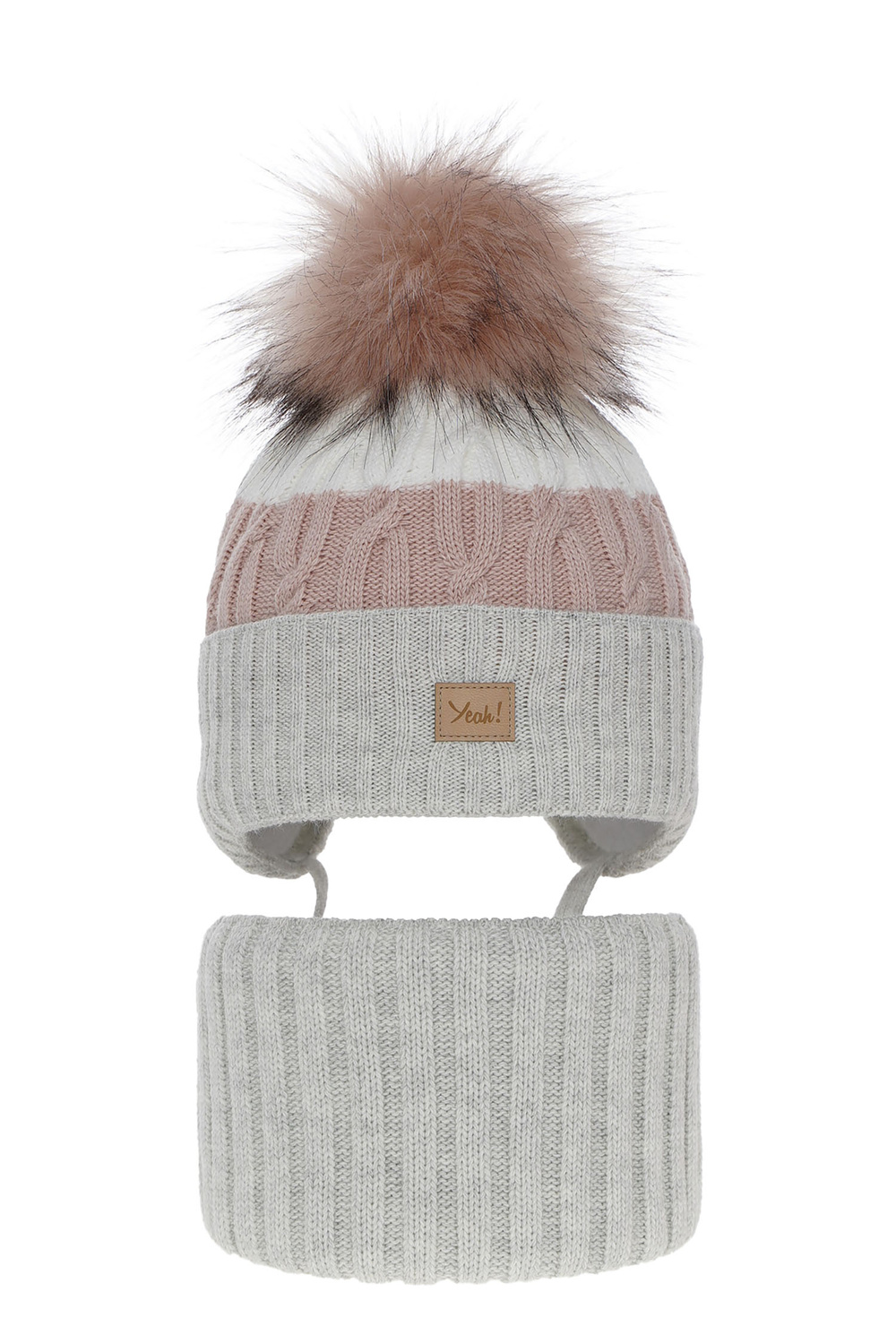 Ensemble d'hiver fille: bonnet et snood, gris, avec pompon, Riviera