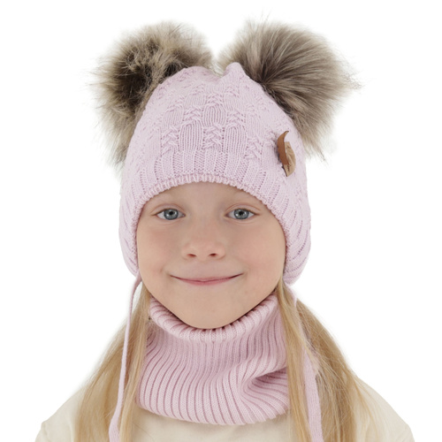 Ensemble d'hiver fille: bonnet et snood, lilas, avec deux pompons, lié, Bettina