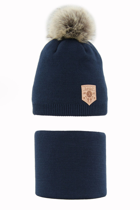 Ensemble d'hiver garçon: bonnet et snood, bleu marine, avec pompon, Apolin